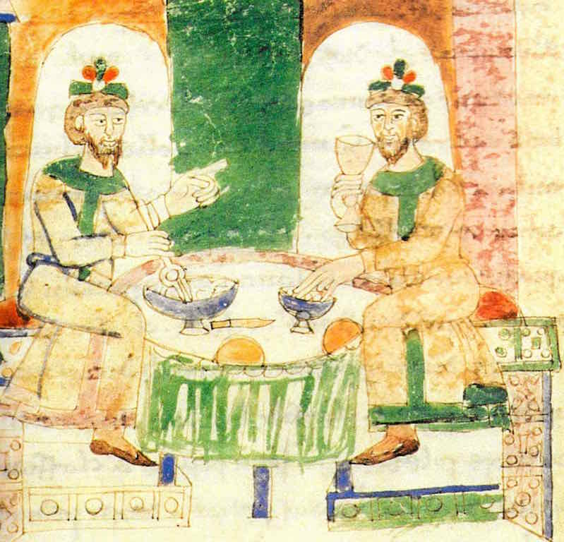 manuscrit-montecassino- medieval-deux-personnages- mangent-fourchette-les-causeries-culinaires-histoire-cours-cuisine-recettes