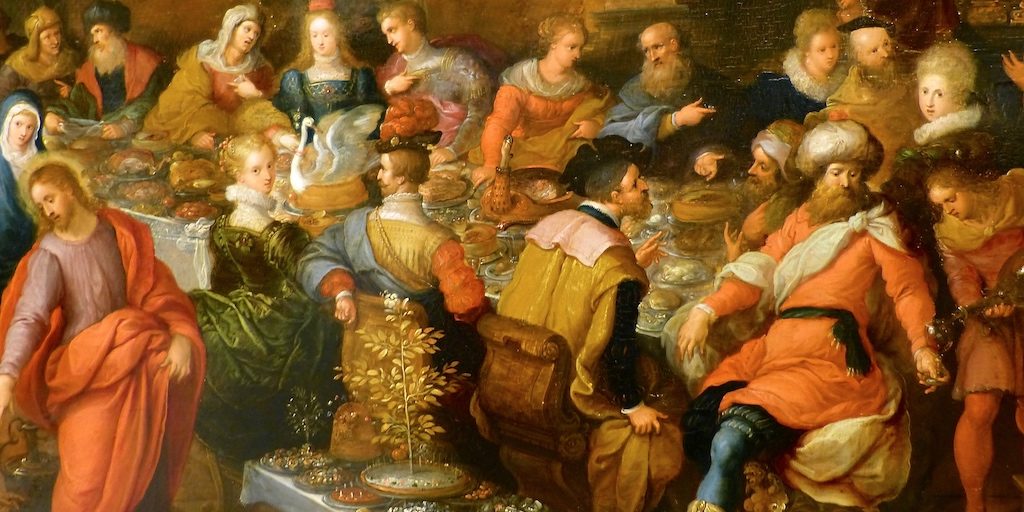 Tableau représentant une scène colorée d'un banquet à la Renaissance.