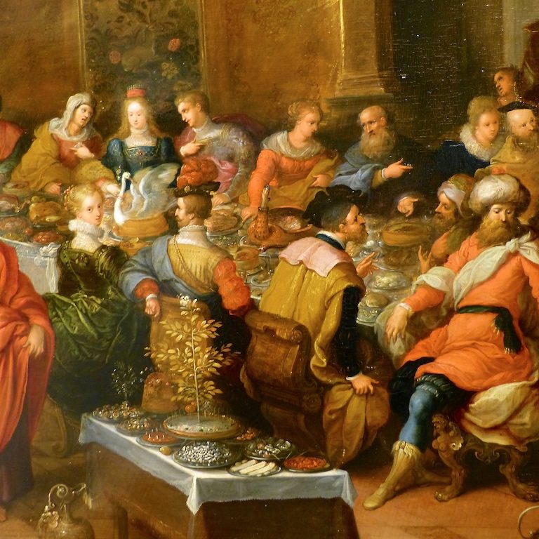Francken-le-jeune-1581-1642-musée-des-augustin-Toulouse-les-causeries-culinaires-recette-fait-maison-boutique-saveur-histoire Tableau représentant une scène colorée d'un banquet à la Renaissance.