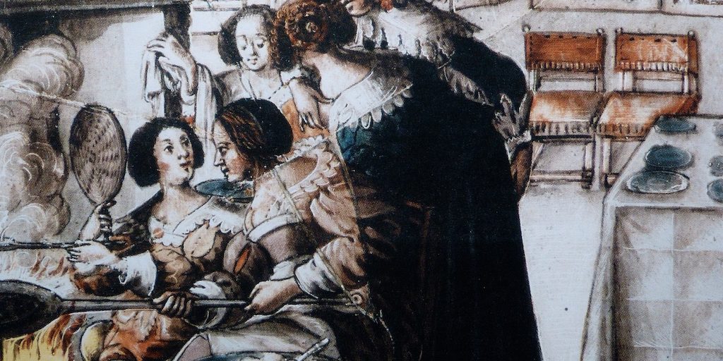 Crepes-18e-les-causeries-culinaires-recette-fait-maison-boutique-saveur-histoire Vitrail historié représentant un groupe de personnes font des crêpes autour de la cheminée, 17e siècle.