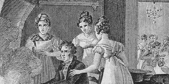 Lithographie du 19e siècle représentant des personnages autour d'une cheminée faisant des crêpes.