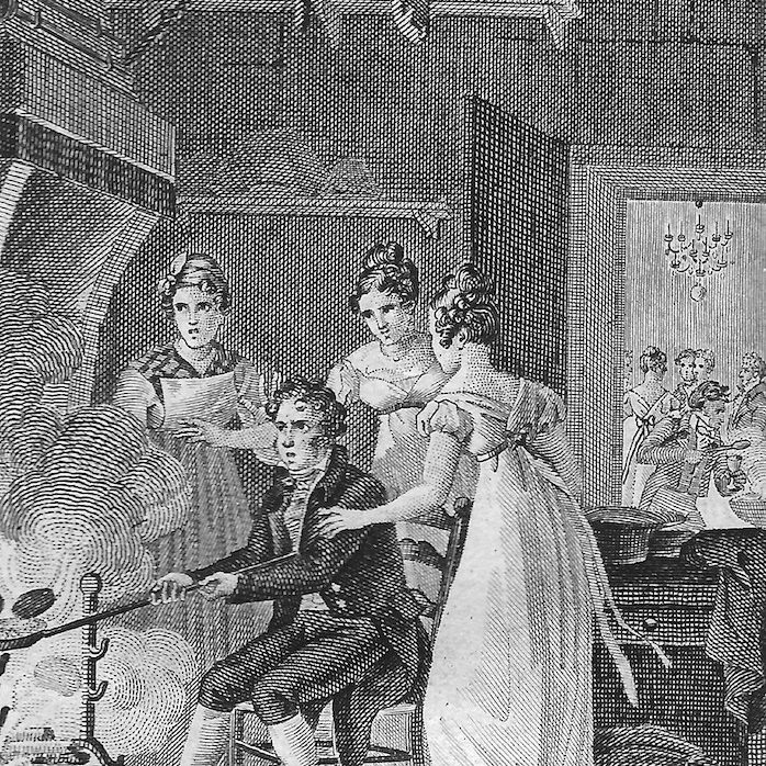 Crepes-19e-les-causeries-culinaires-recette-fait-maison-boutique-saveur-histoire Lithographie du 19e siècle représentant des personnages autour d'une cheminée faisant des crêpes.