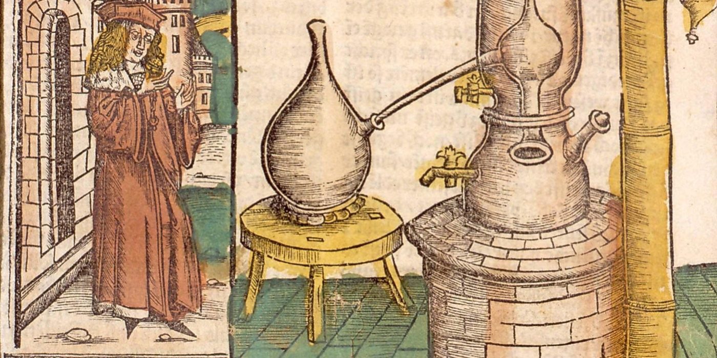 Alambic1509-strasbourg Image de 1509 de la bibliothèque de Strasbourg montrant un alambic. Dessin colorié.