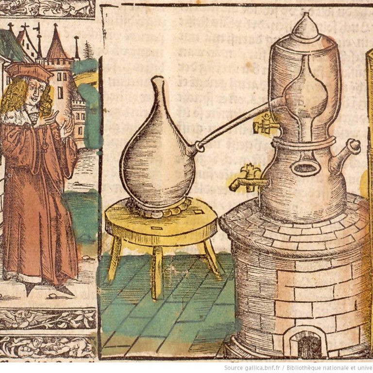 Alambic1509-strasbourg Image de 1509 de la bibliothèque de Strasbourg montrant un alambic. Dessin colorié.