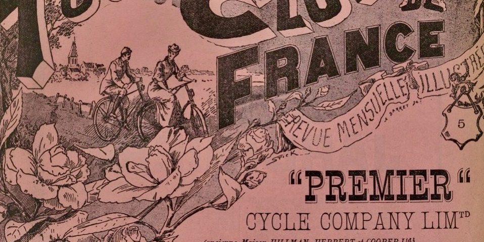 1892-Revue_mensuelle_Touring-club_de-France-Gallica Couverture de la revue Touring club de France de 1892, avec cyclistes en balade dessinés au trait
