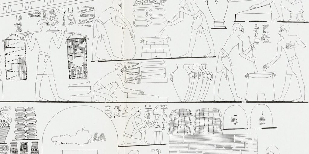 Rekhmire I-49-Davies-les-causeries-culinaires-recette-fait-maison-boutique-saveur-histoire Dessin de la tombe du vizir Rekhmire réalisé par l'archéologue Davies dans les années 1950-1960.