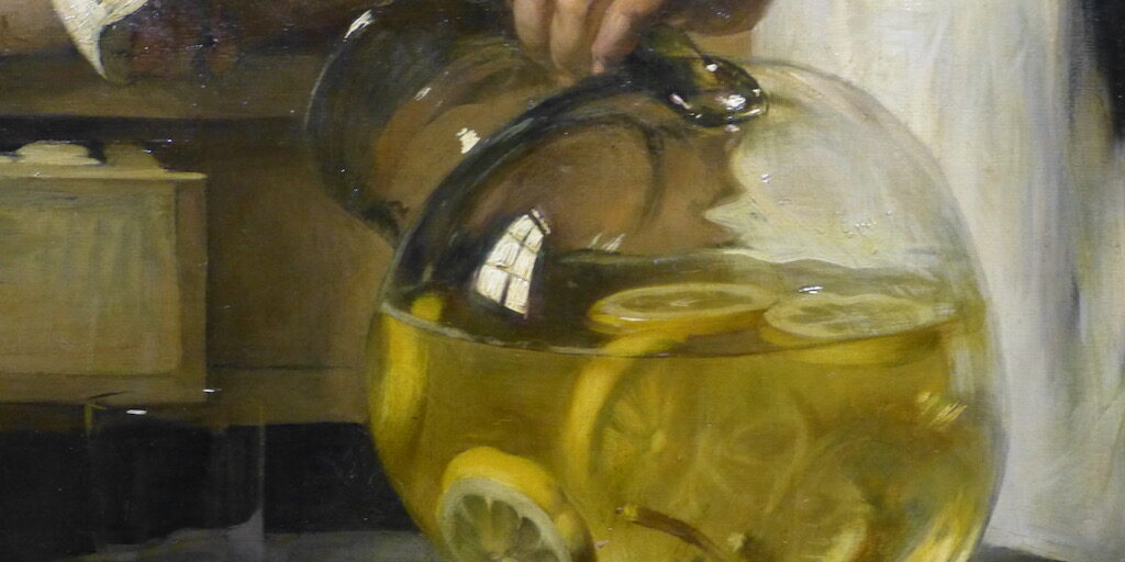 1897-Joseph-bail-Les-joueurs-de-cartes Détail du tableau de 1897, représentant une cruche en verre contenant une boisson au citron avec des tranches de citrons dedans.