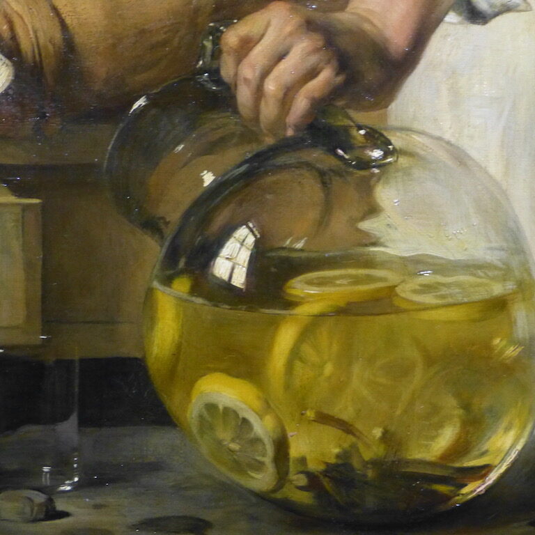 1897-Joseph-bail-Les-joueurs-de-cartes Détail du tableau de 1897, représentant une cruche en verre contenant une boisson au citron avec des tranches de citrons dedans.