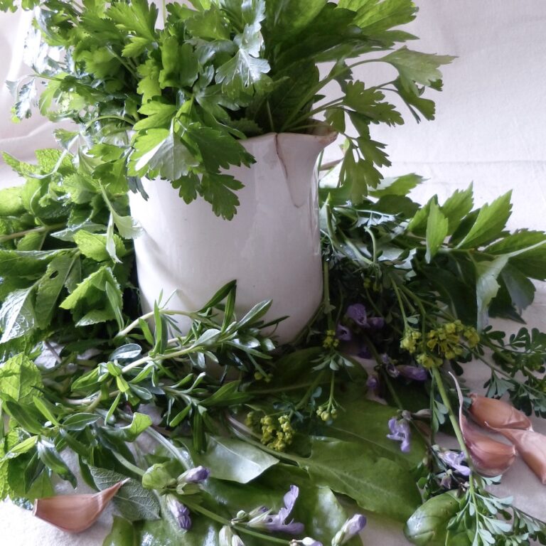 Herbes-aromatique-les-causeries-culinaires-recette-fait-maison-boutique-saveur-histoire Bouquet d'herbes aromatiques dans un pot.