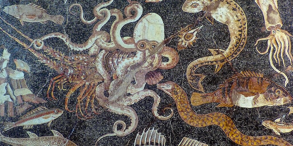 Faune marine. Pompei; n°120177 Mosaïque de Pompéi représentant la mer avec des poisons, des seiches, des calamars...