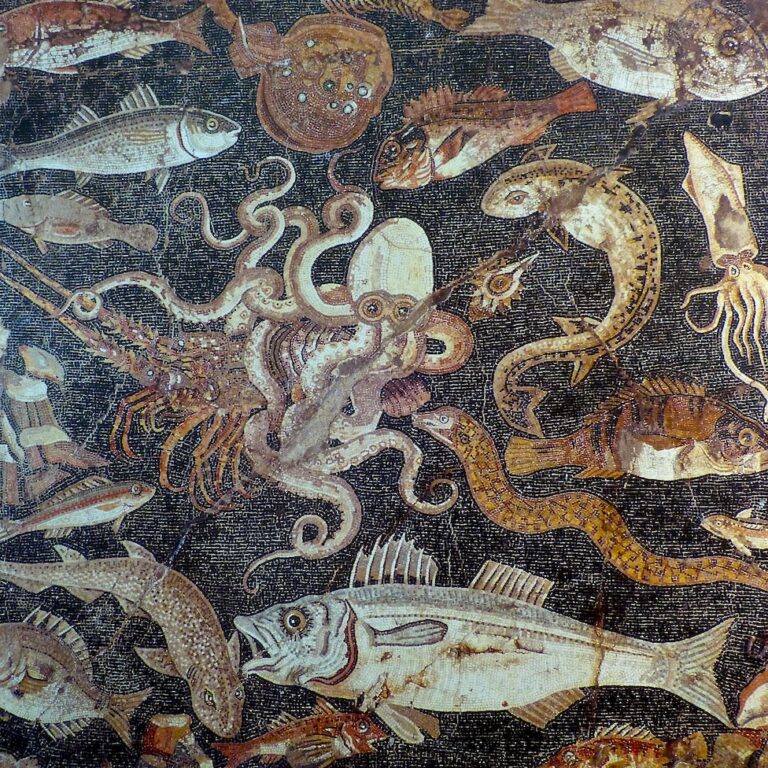 Faune marine. Pompei; n°120177 Mosaïque de Pompéi représentant la mer avec des poisons, des seiches, des calamars...
